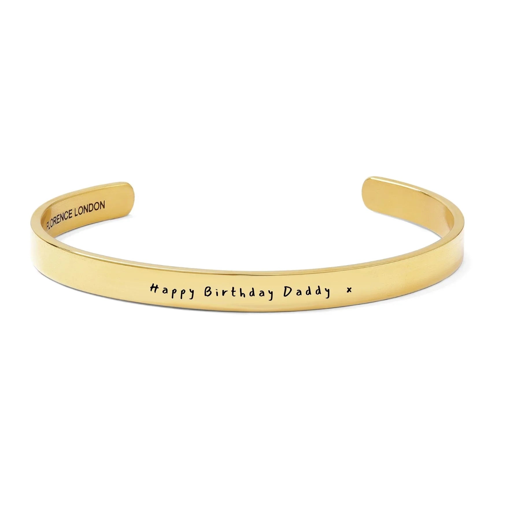 Gold bracelet with 'Happy Birthday Daddy' text on a white background