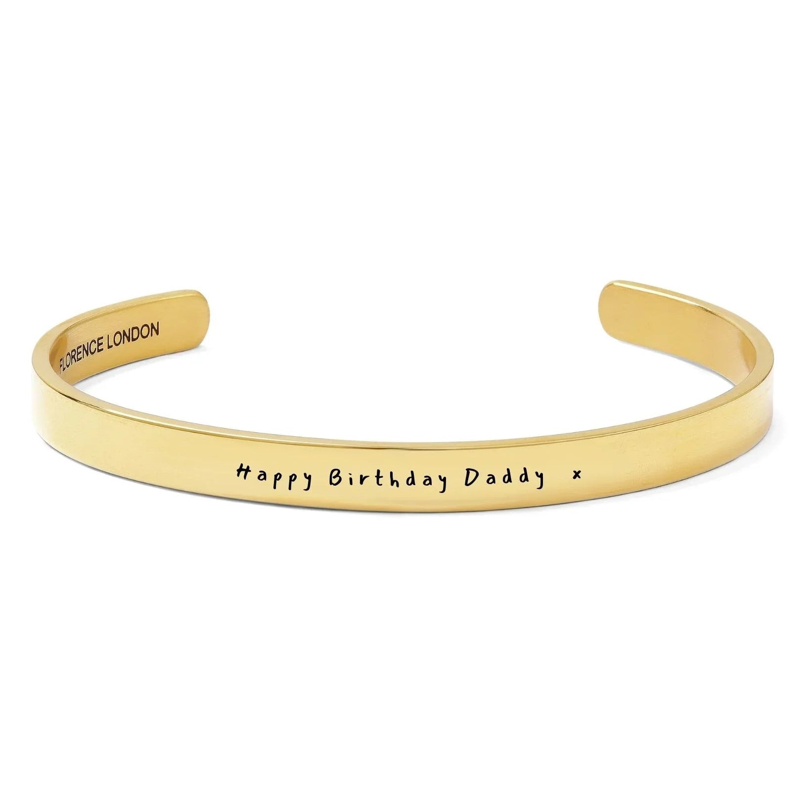 Gold bracelet with 'Happy Birthday Daddy' text on a white background